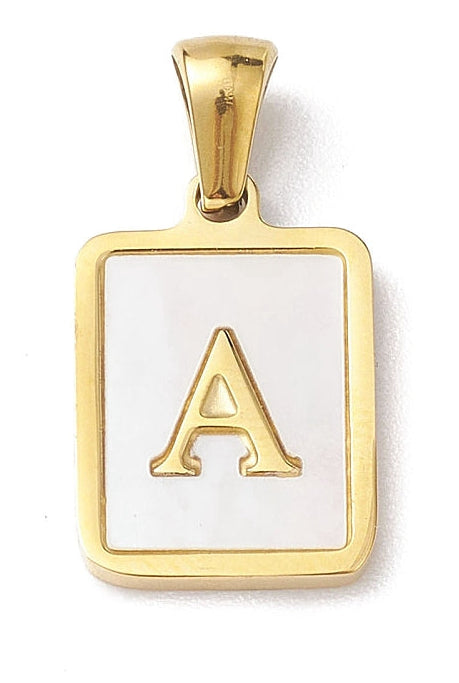 Rectangular gold-tone initial charm with a white pearlescent inlay and a central capital letter A.