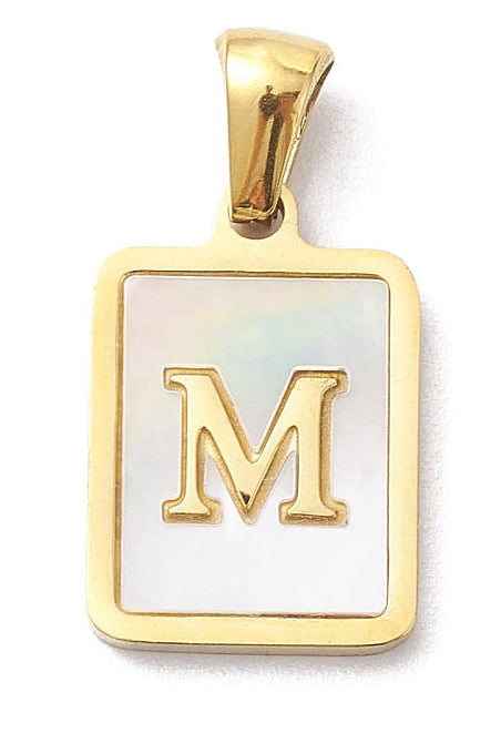 Rectangular gold-tone initial charm featuring a serif letter M set against a white iridescent inlay.