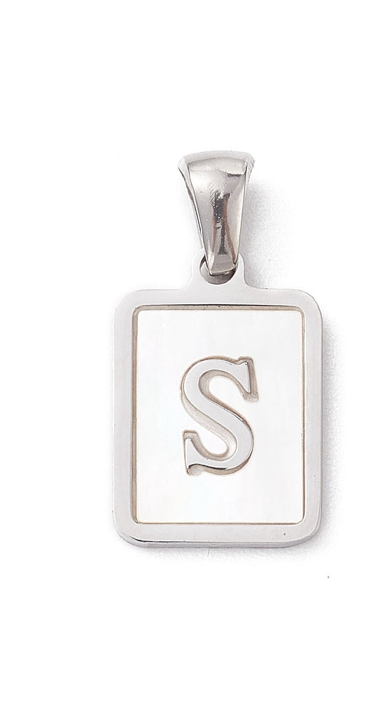 Silver Pearl S initial charm featuring a rectangular silver-tone frame with a white pearl inlay and central letter S.