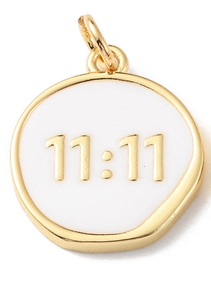 Round gold-tone charm featuring a white enamel face with the numbers 11:11 embossed in gold.