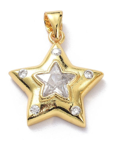 Gold-tone star charm featuring a clear star-shaped center stone and five small round clear stones at the points.