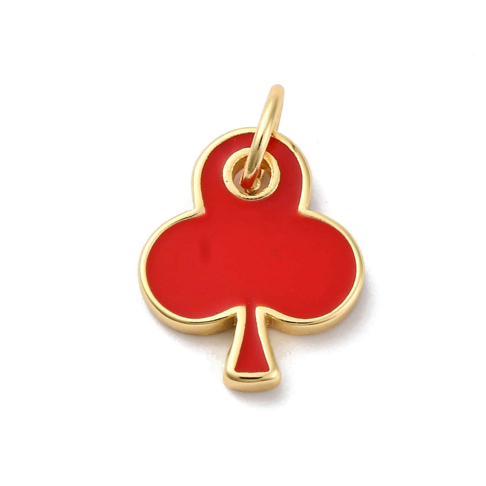 Red enamel club suit gold-tone charm with a polished metallic border and top jump ring.