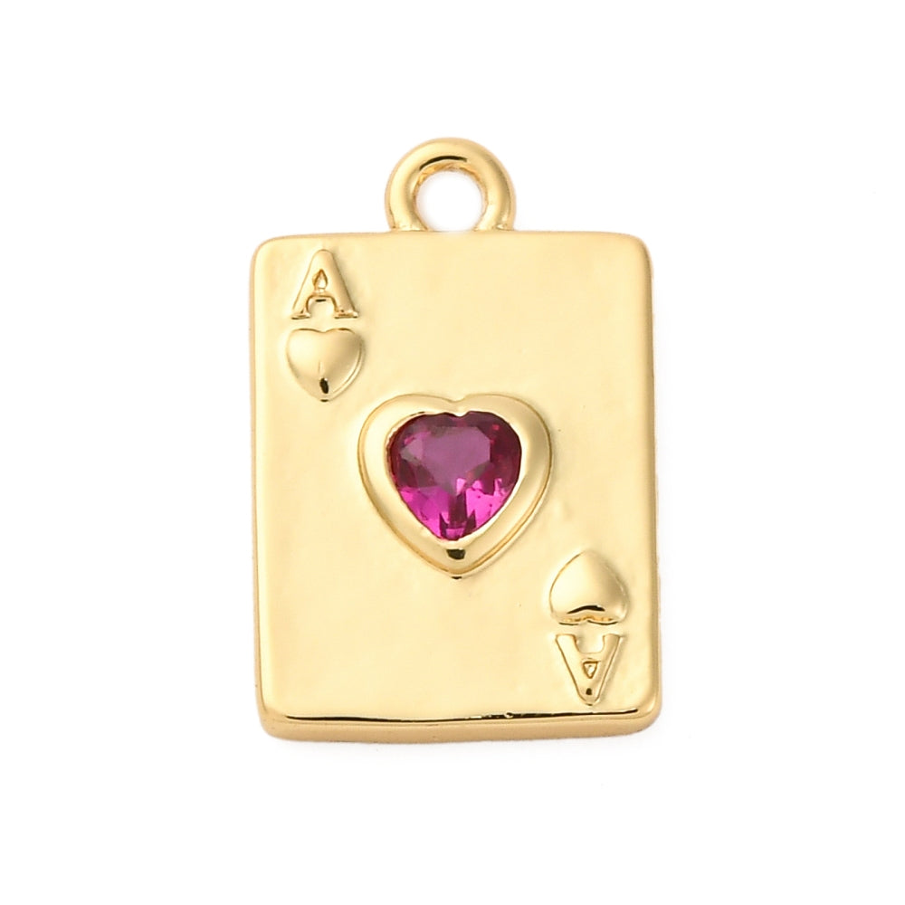Rectangular gold ace card charm featuring a pink heart-shaped stone in the center with raised corner details and a top loop.