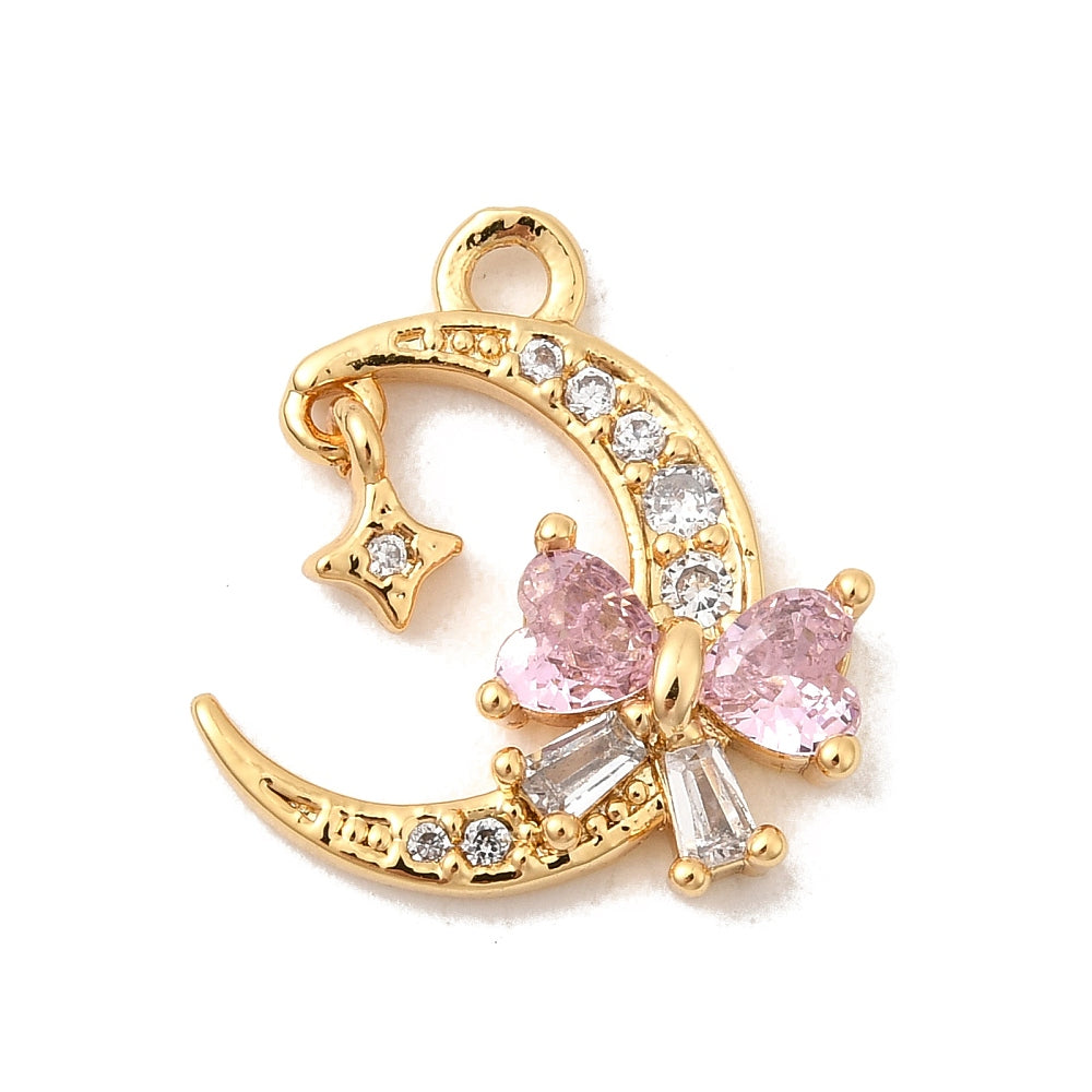 Gold-tone charm featuring a crescent moon with clear stones, a dangling star, and a pink bow detail.