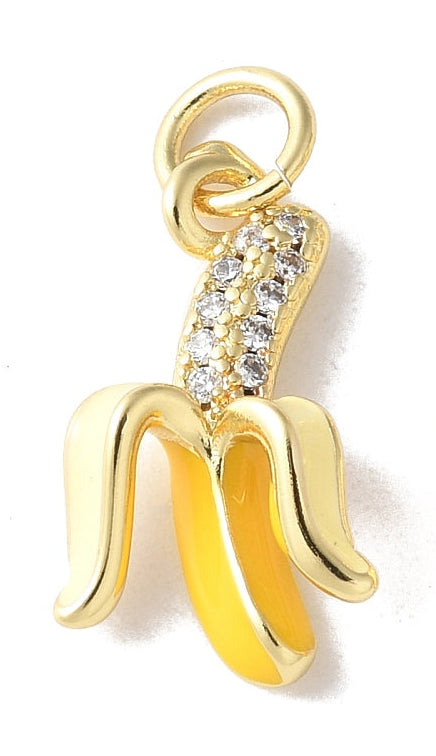 Gold-tone banana charm with a peeled design featuring yellow enamel and paved clear stones.