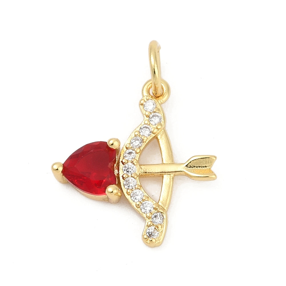 Gold Cupids Bow charm featuring a gold-tone bow lined with clear stones and a red heart-shaped stone arrowhead.