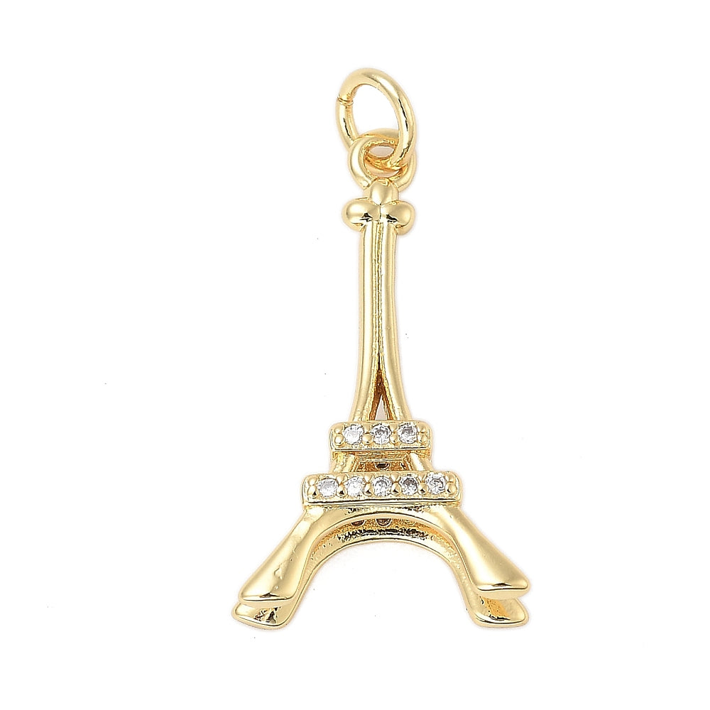 Eiffel Tower gold-tone charm featuring small clear stones set along its horizontal bands, complete with a top jump ring.