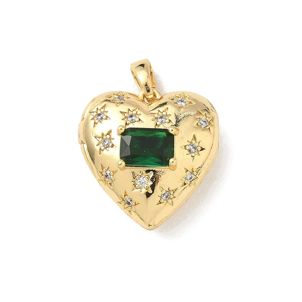 A gold-tone emerald heart locket featuring a rectangular green stone centered among engraved starbursts with clear crystals.