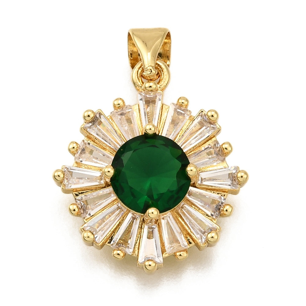 Gold-tone charm featuring a round vintage emerald green center stone surrounded by a sunburst halo of clear baguette crystals.