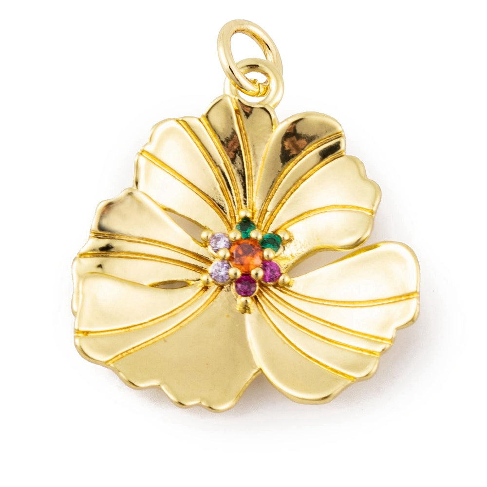 Gold-tone charm shaped like a hibiscus flower with textured petals and a colorful stone center.