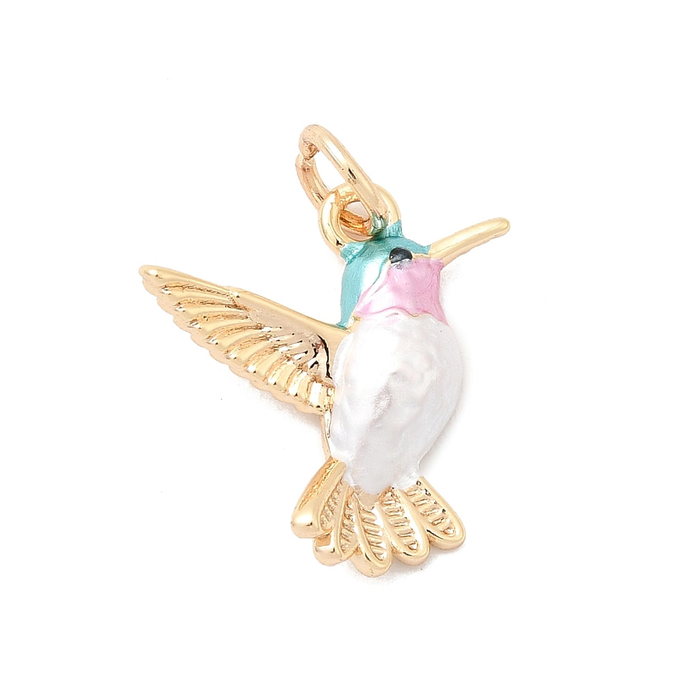 Hummingbird gold-tone charm with teal, pink, and white enamel details and textured wings on a white background.
