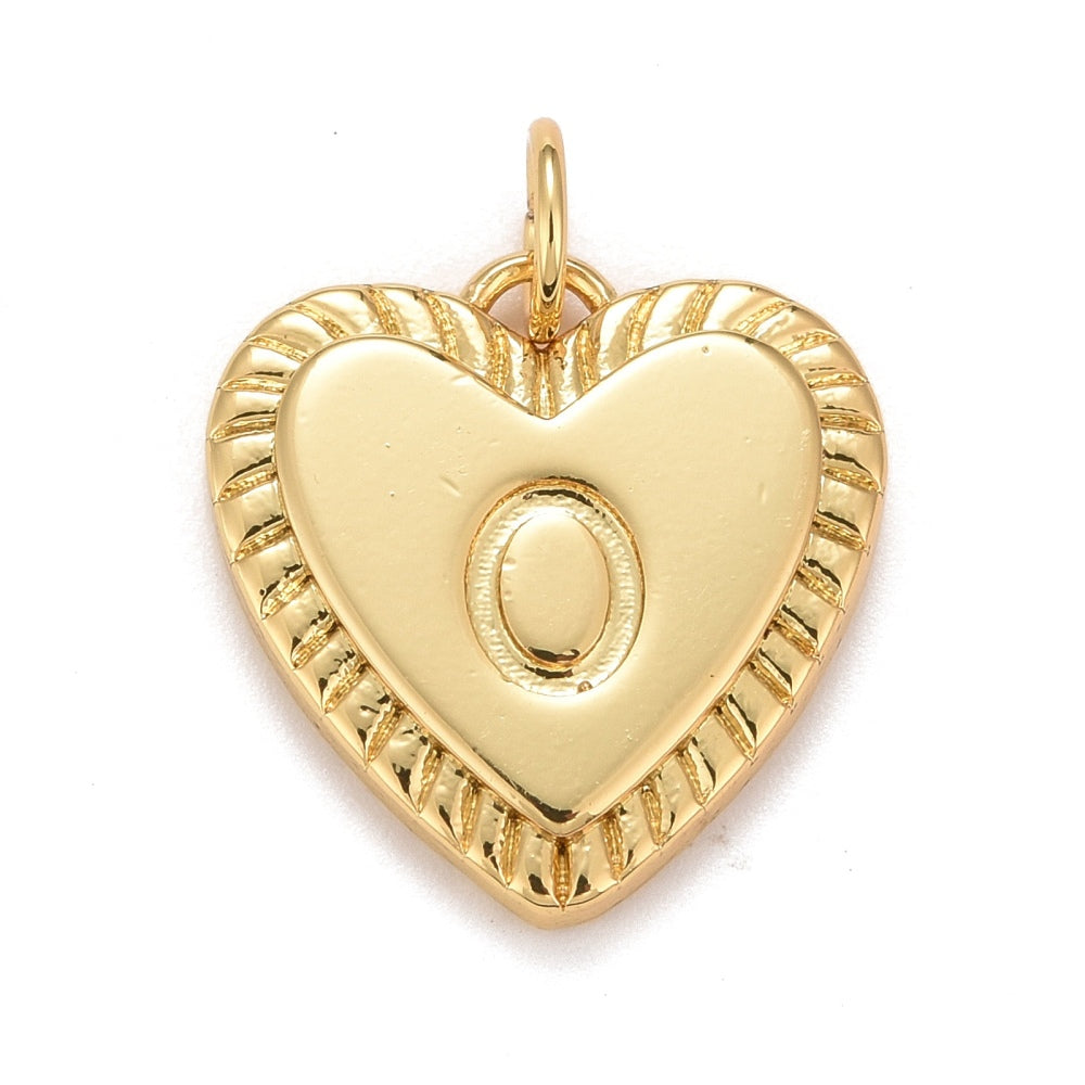 Gold-tone initial charm in a heart shape with a textured border and an embossed letter O in the center.