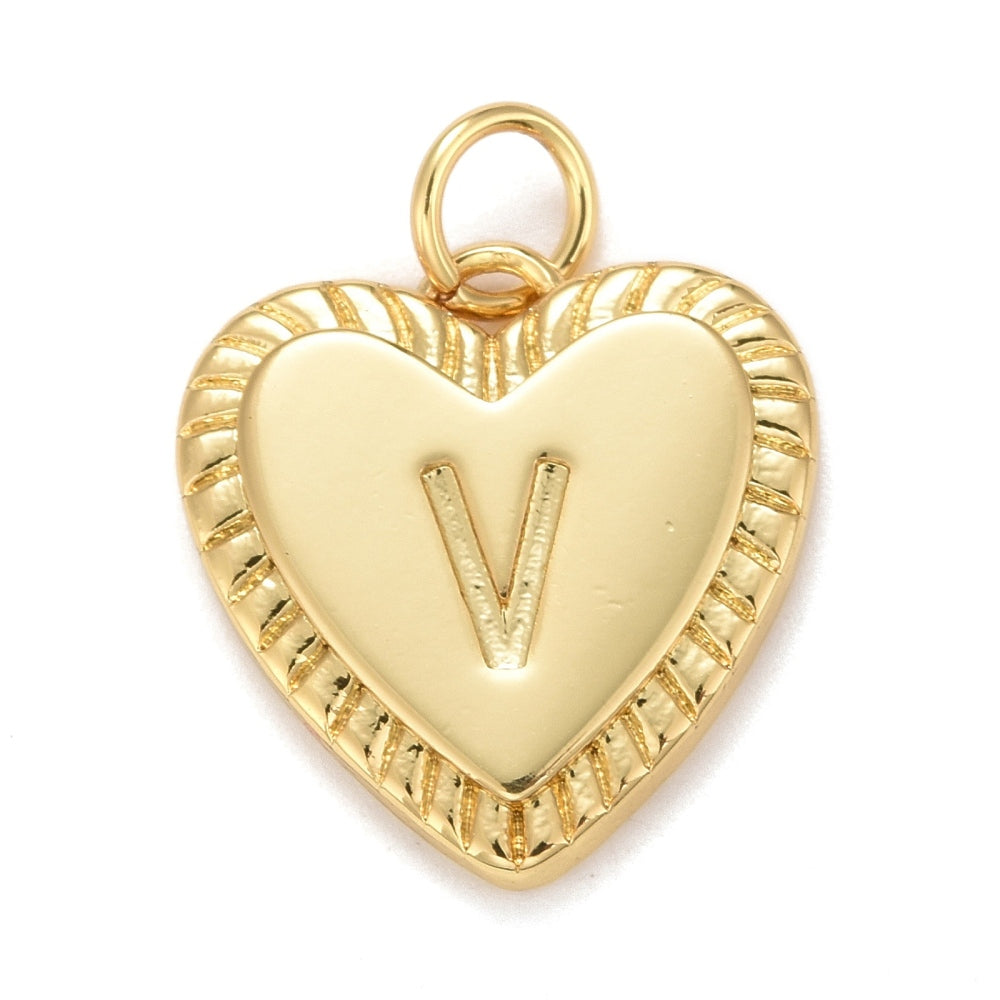 Gold-tone heart-shaped initial charm featuring an engraved letter V with a textured, ribbed border and top bail.