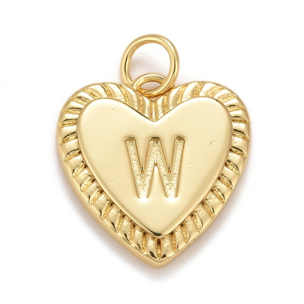 Gold-tone heart-shaped initial charm with a textured, ribbed border and the letter W engraved in the center.