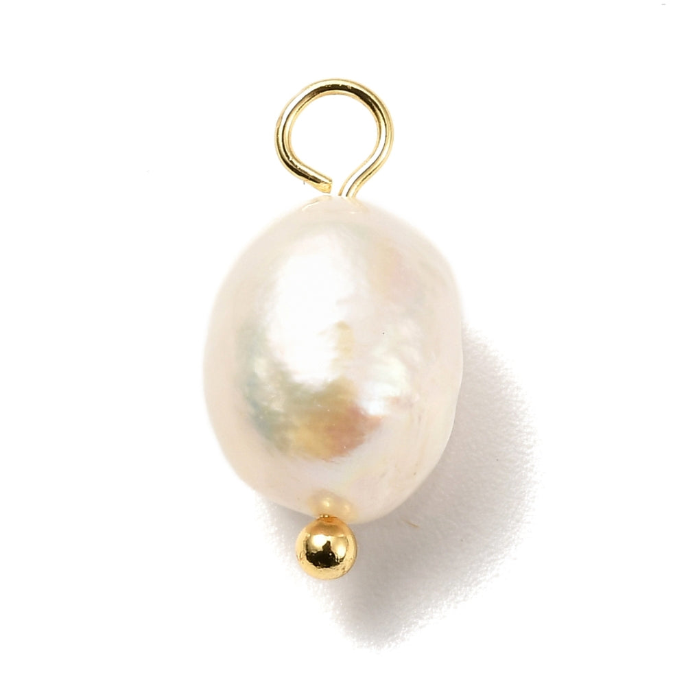 Baroque pearl gold-tone charm with an organic oval shape, featuring a polished gold-tone jump ring and bottom bead.