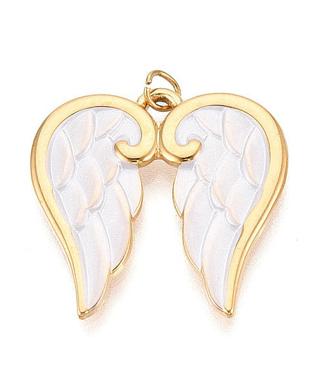 Pearl Angel Wings charm featuring a gold-tone border and iridescent white pearlescent inlay with carved feather details.