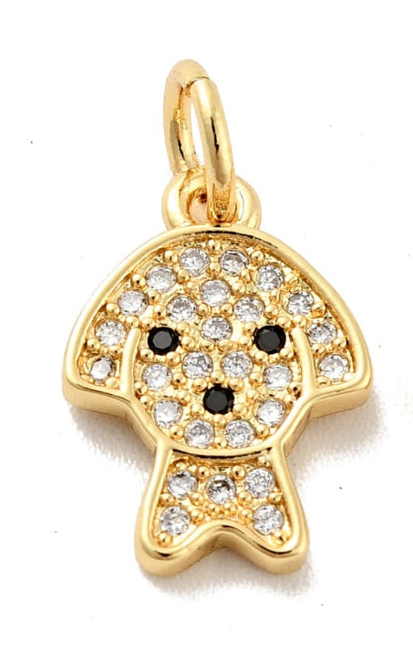 Gold-tone charm shaped like a fluffy puppy, detailed with pave-set clear stones and black stone eyes and nose.