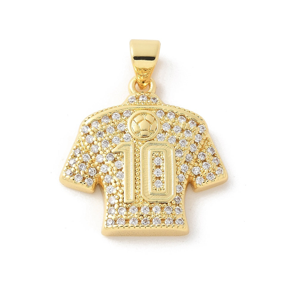 A sports jersey gold-tone charm detailed with clear pave stones, a soccer ball motif, and the number ten.