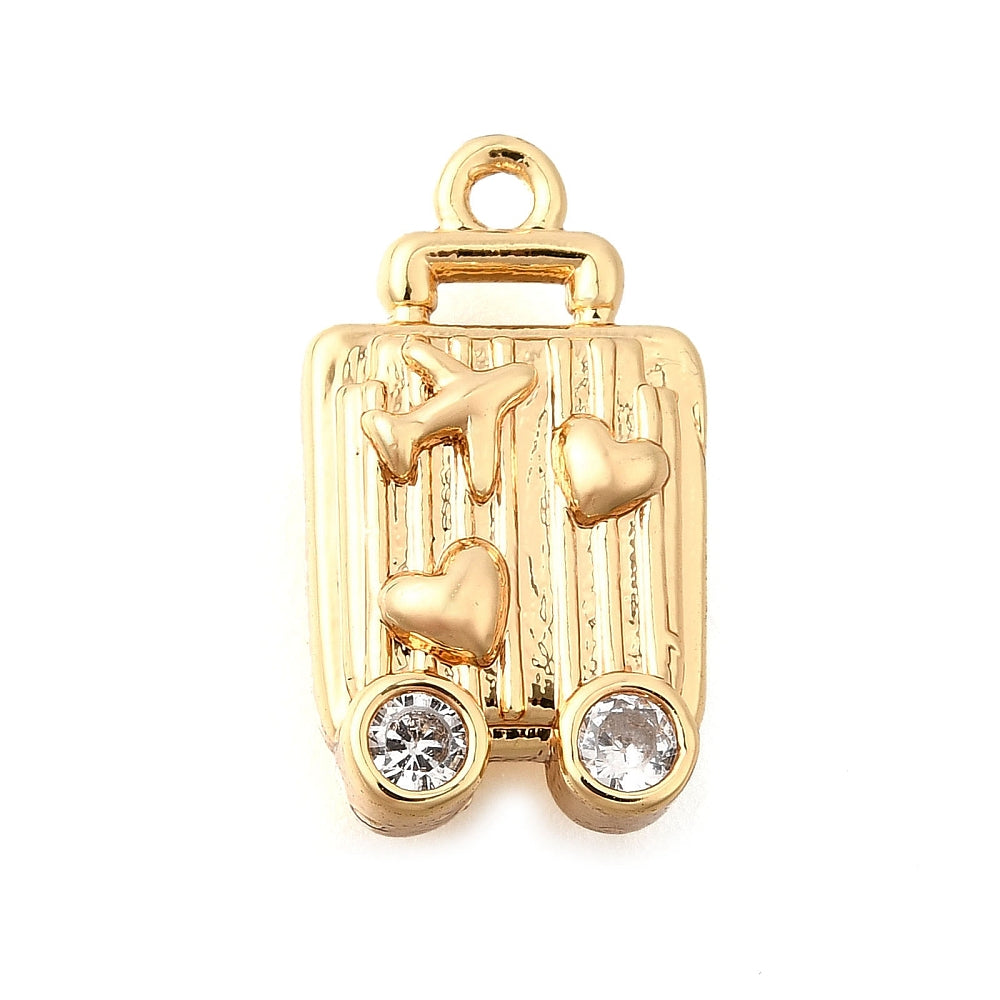 A gold-tone charm shaped like a rolling suitcase featuring an airplane motif, hearts, and clear rhinestone wheels.