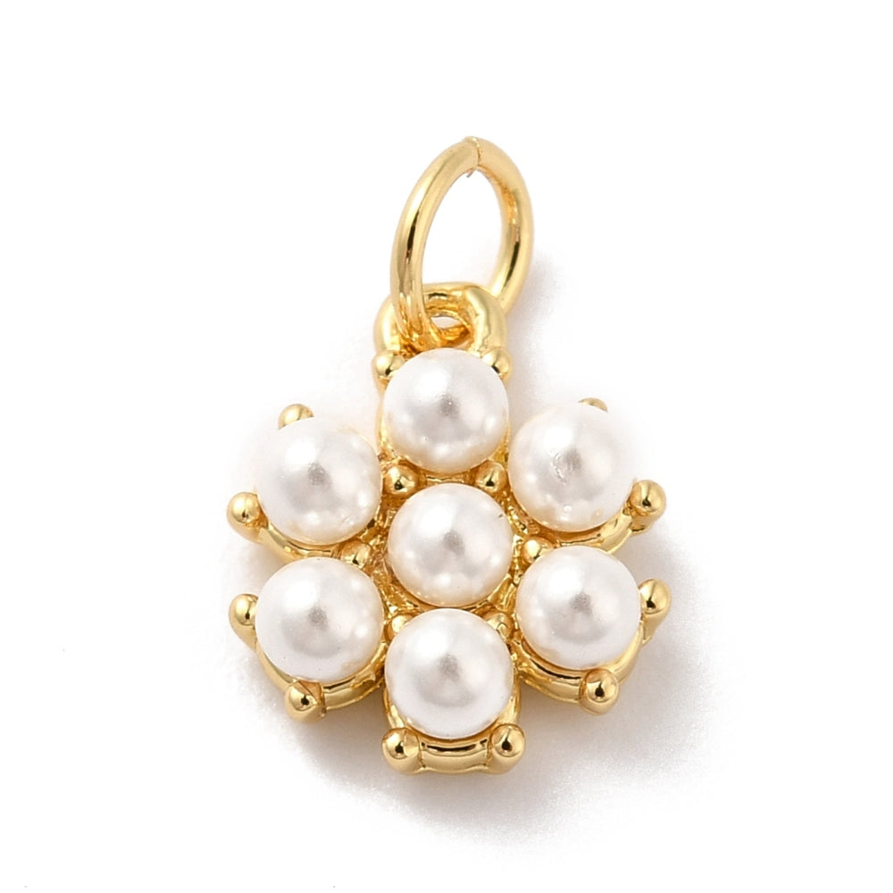 Gold-tone Pearl Daisy charm featuring white pearls arranged in a flower motif with a top attachment ring.
