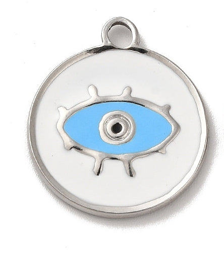 Circular silver-tone evil eye charm with white and light blue enamel details and a top hanging loop.