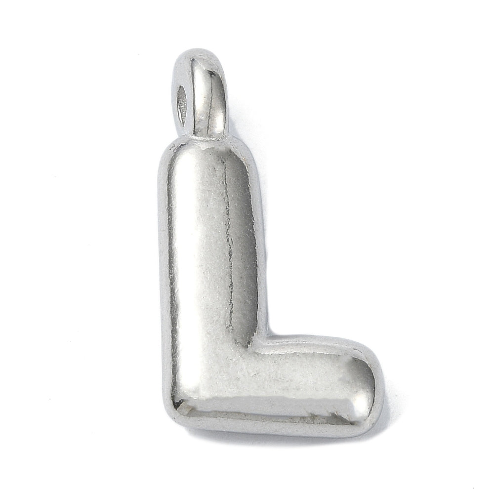 A puffy, silver-tone bubble L initial charm featuring a rounded 3D shape and a small top loop.