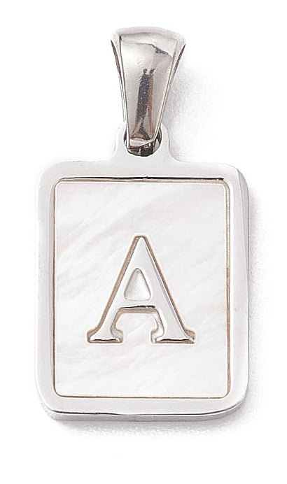 Silver pearl initial charm featuring a rectangular silver-tone pendant with a white mother-of-pearl inlay and a central letter A.