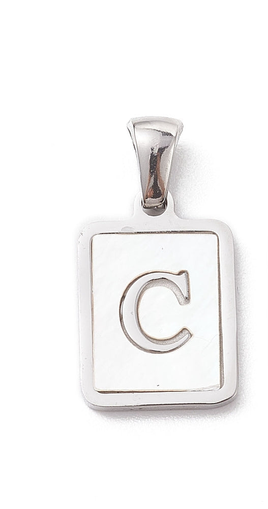 Rectangular silver-toned initial charm featuring a white mother-of-pearl inlay with a central letter C.