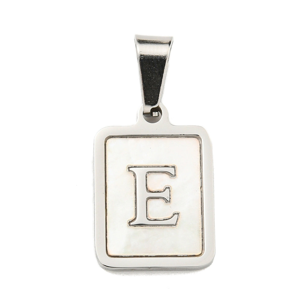A rectangular silver-tone initial charm featuring a white mother-of-pearl inlay and a silver-outlined letter E.