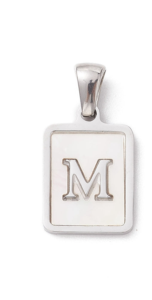 Silver-tone rectangular initial charm featuring the letter M on a white mother-of-pearl inlay.