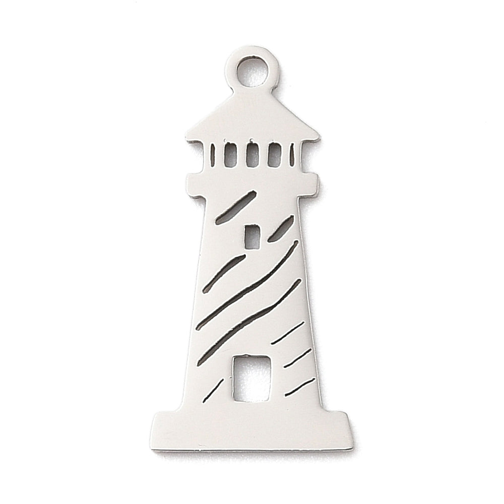 A silver lighthouse charm featuring cut-out windows, spiral stripes, and a top loop for a charm necklace.