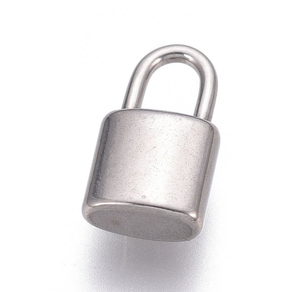 Silver lock charm with a smooth, brushed metallic finish in a classic padlock design on a white background.