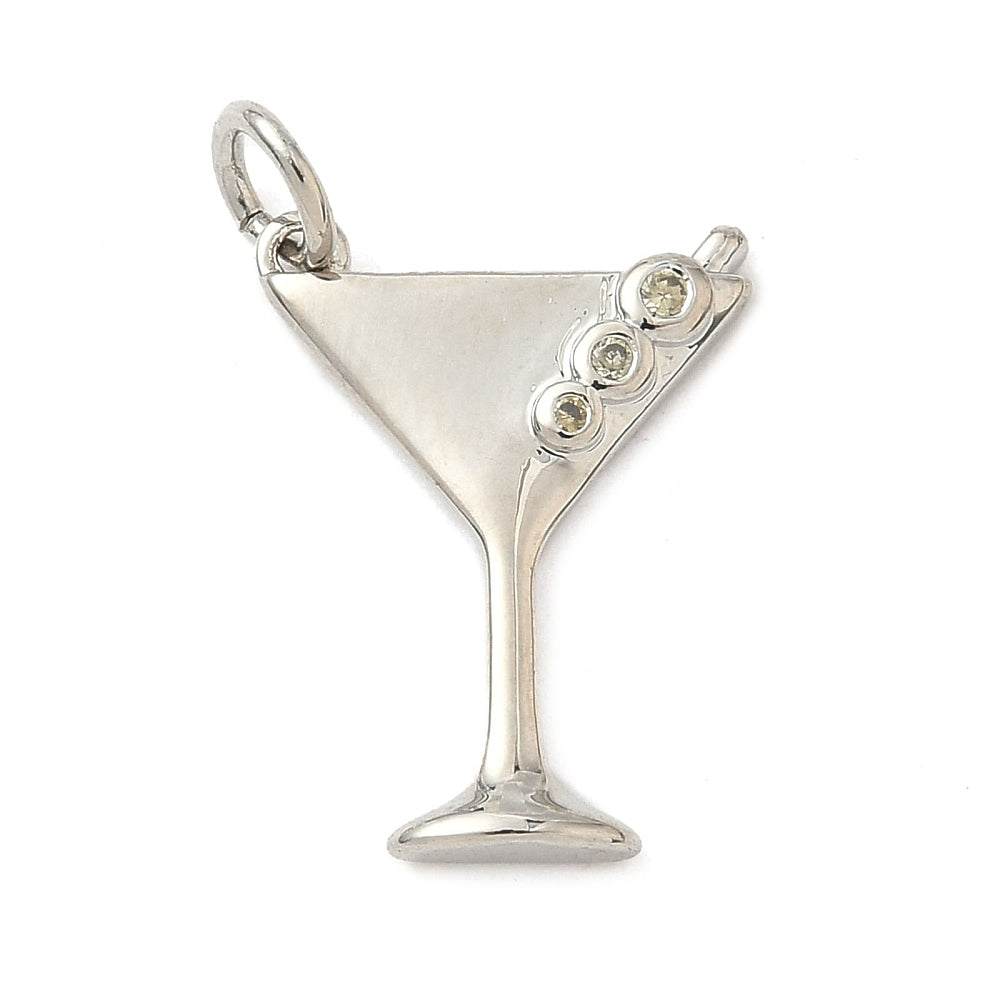 Silver martini glass charm featuring three small bezel-set stones on a toothpick, with a top jump ring.