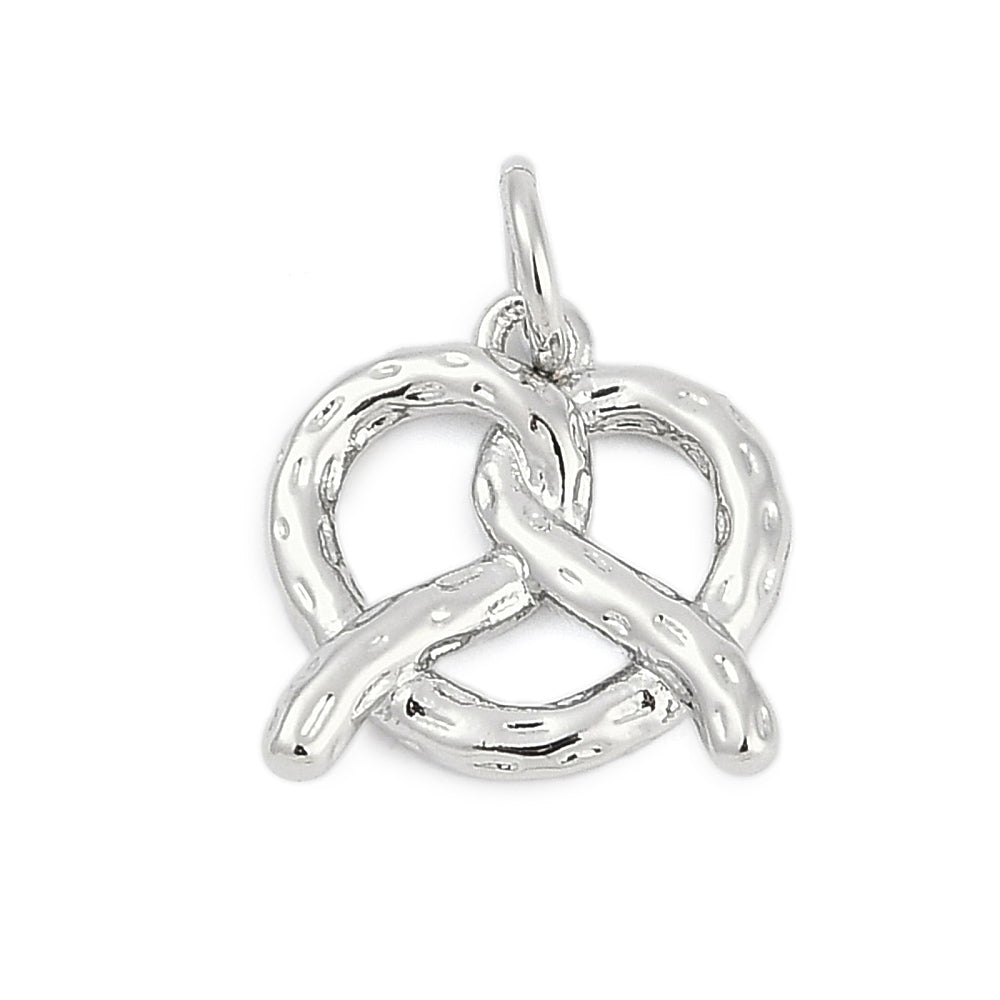 A silver pretzel charm with a textured salt-like finish and a top jump ring, shown on a white background.