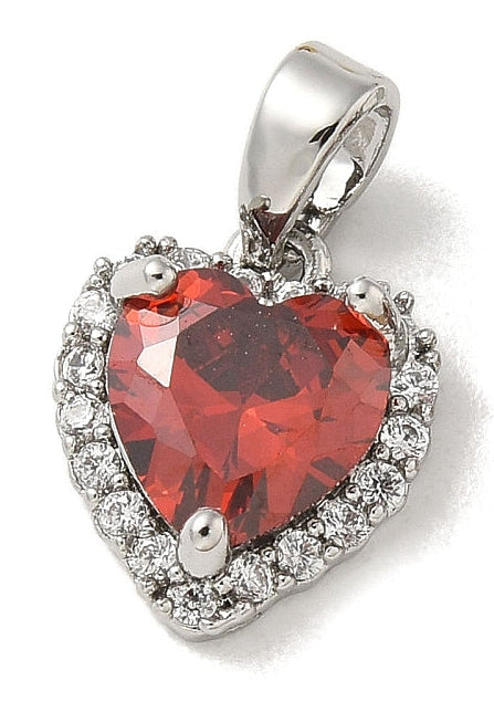 Silver red heart charm featuring a faceted red heart-shaped stone surrounded by a halo of small clear crystals on a silver-tone bail.