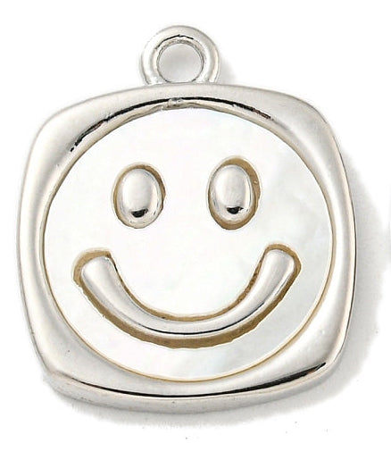 A silver smiley face charm in a rounded square shape with a top loop for attachment.