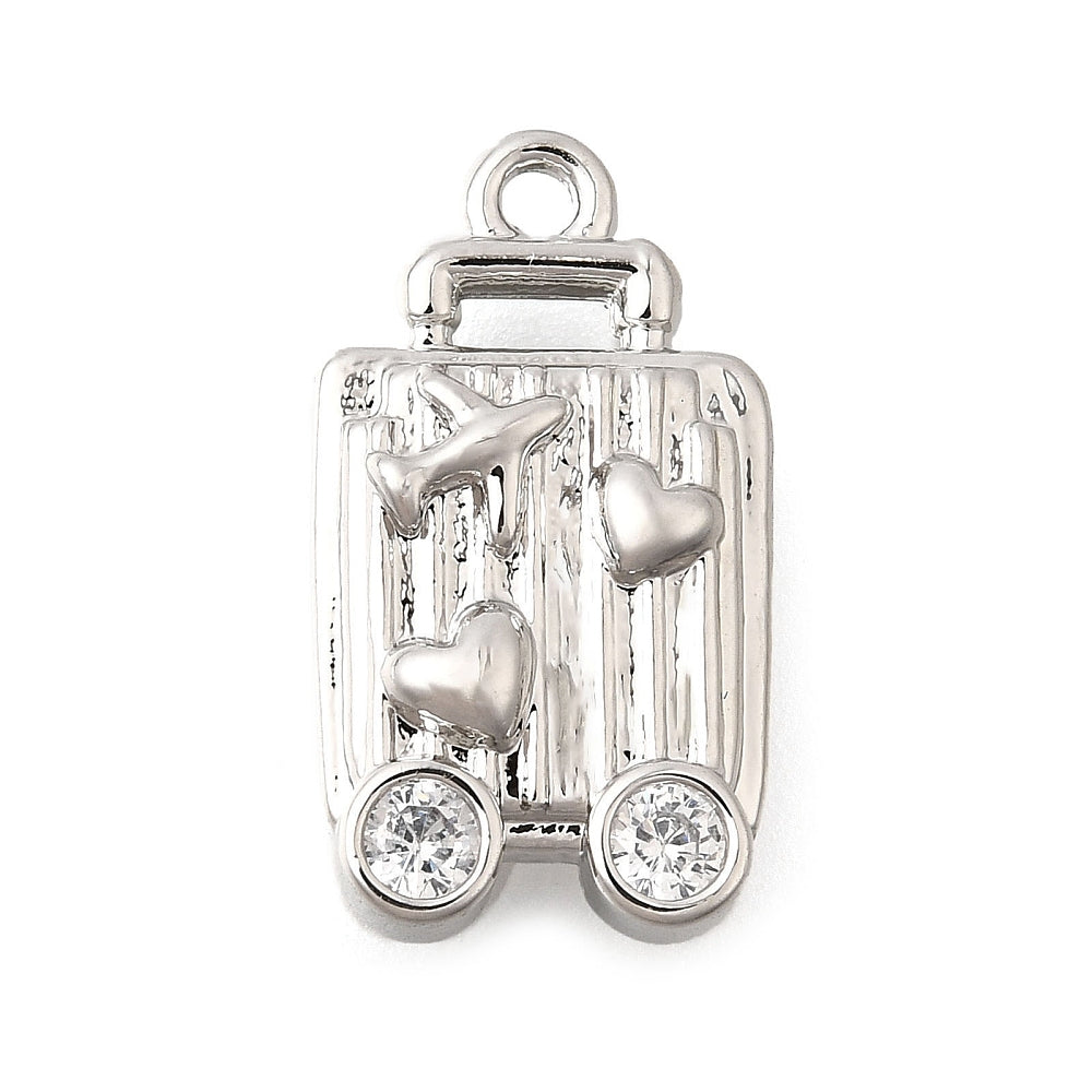Silver suitcase charm with embossed airplane and heart motifs, featuring clear cubic zirconia stones for wheels.