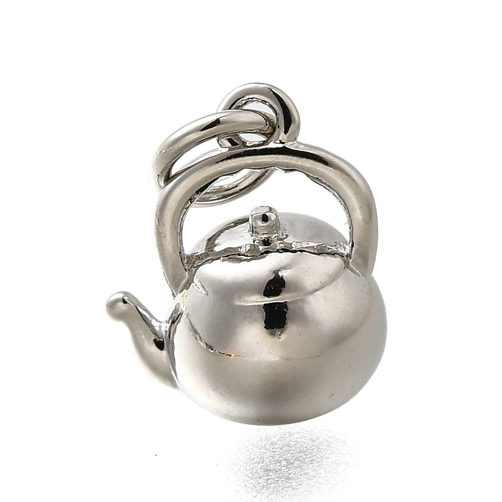 Silver tea kettle charm in a shiny silver-tone finish with a detailed spout, handle, and top bail.