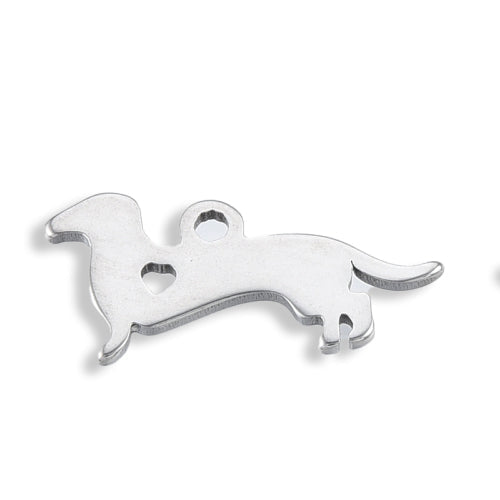 Silver wiener dog charm in a dachshund silhouette featuring a small heart cut-out and a top loop.