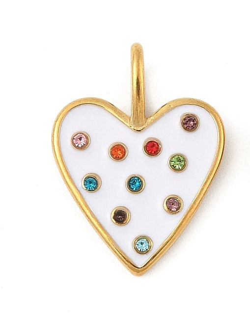 Gold-tone white polkadot heart charm with colorful embedded crystals and a top loop.