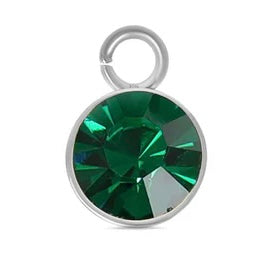 A round, faceted green crystal May birthstone charm set in a silver-tone bezel with a top jump ring.