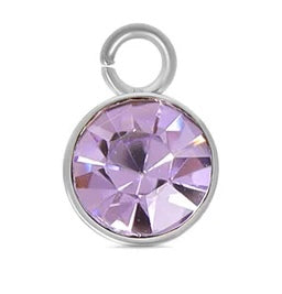 Round silver June birthstone charm featuring a faceted light purple crystal in a silver-tone bezel with a jump ring.