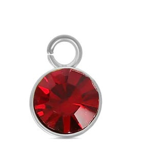 A round silver January birthstone charm featuring a faceted red stone in a silver-tone bezel with a jump ring.