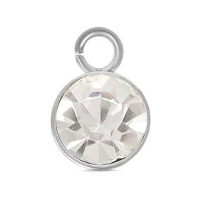 Round faceted clear crystal silver April birthstone charm in a silver-tone bezel setting with a top jump ring.