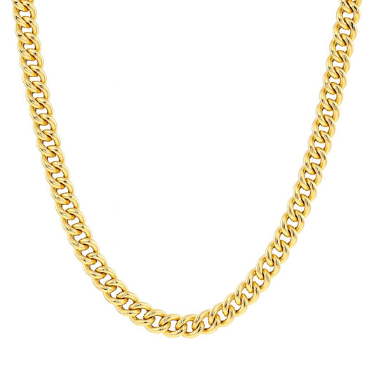 Thick gold Cuban chain necklace with closely interlocking links, shown against a plain white background.