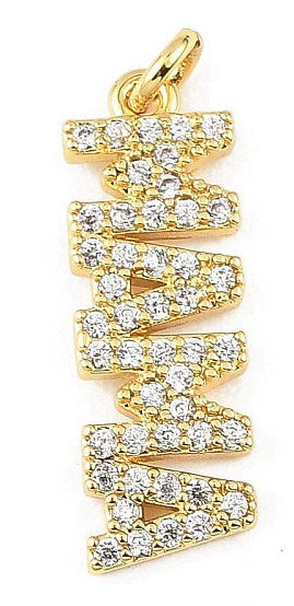 Gold CZ Mama charm featuring the word 'MAMA' spelled vertically in gold-tone metal with clear pavé stones.
