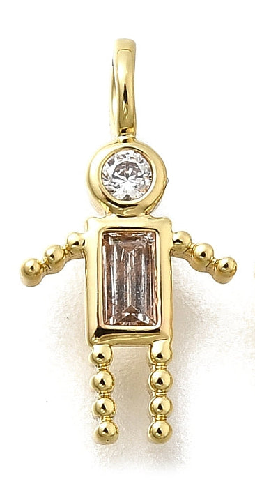 Gold-tone charm in the shape of a boy figure, featuring a round cubic zirconia head and a baguette-cut stone body.
