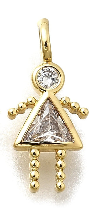 A gold CZ girl charm featuring a round clear stone head, a triangular stone dress, and beaded gold-tone limbs.