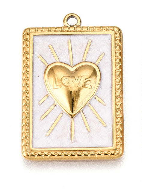 Rectangular Love Card gold-tone charm featuring a white enamel background, a raised gold heart engraved with 'LOVE', and radiating sunburst rays.