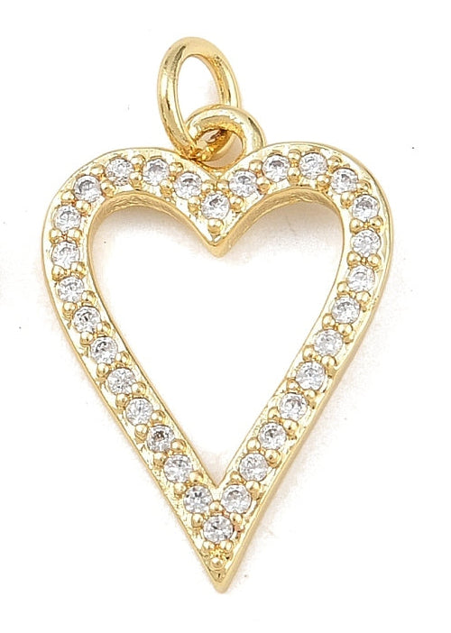Gold-tone charm featuring an open heart design lined with clear cubic zirconia stones.